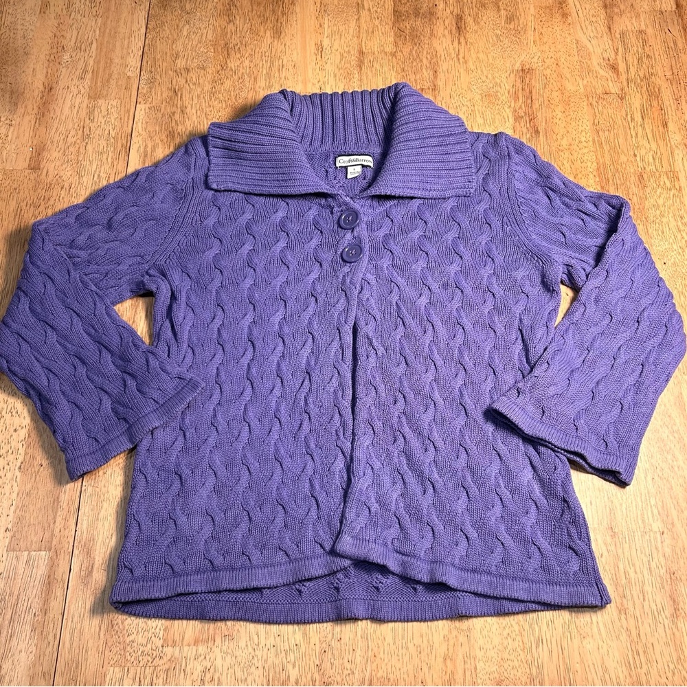 Croft & Barrow Purple Cable Knit 100% Cotton Cardigan Sweater Small